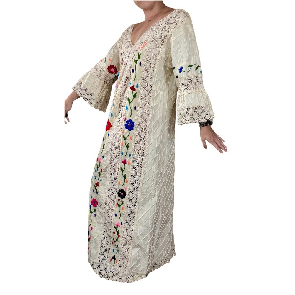 1960s Mexican Wedding Dress Cotton Floral Crochet Woo…